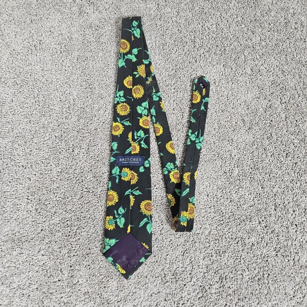 Vtg Britches Great Outdoors Necktie Black Cotton Sunflowers AOP 55